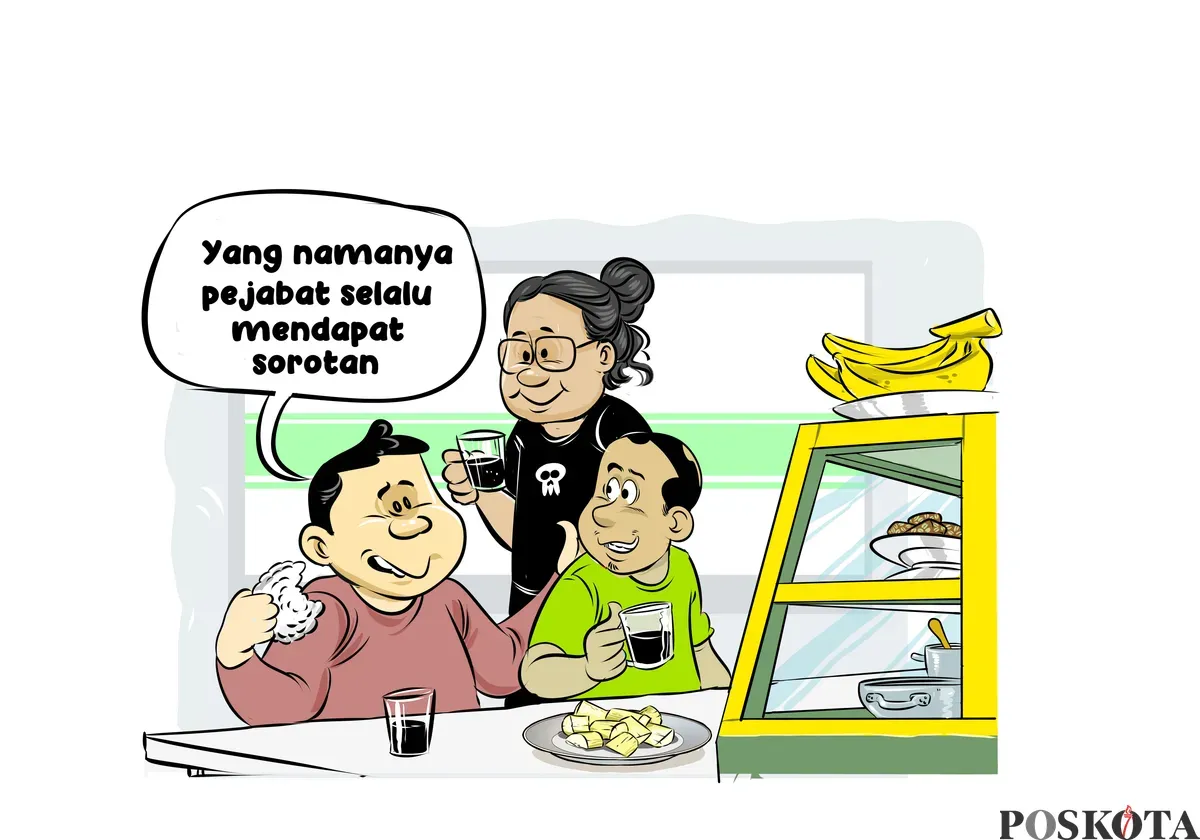 lustrasi obrolan santai di warteg membahas sorotan publik terhadap perilaku pejabat. (Sumber: Poskota/Arif Setiadi)
