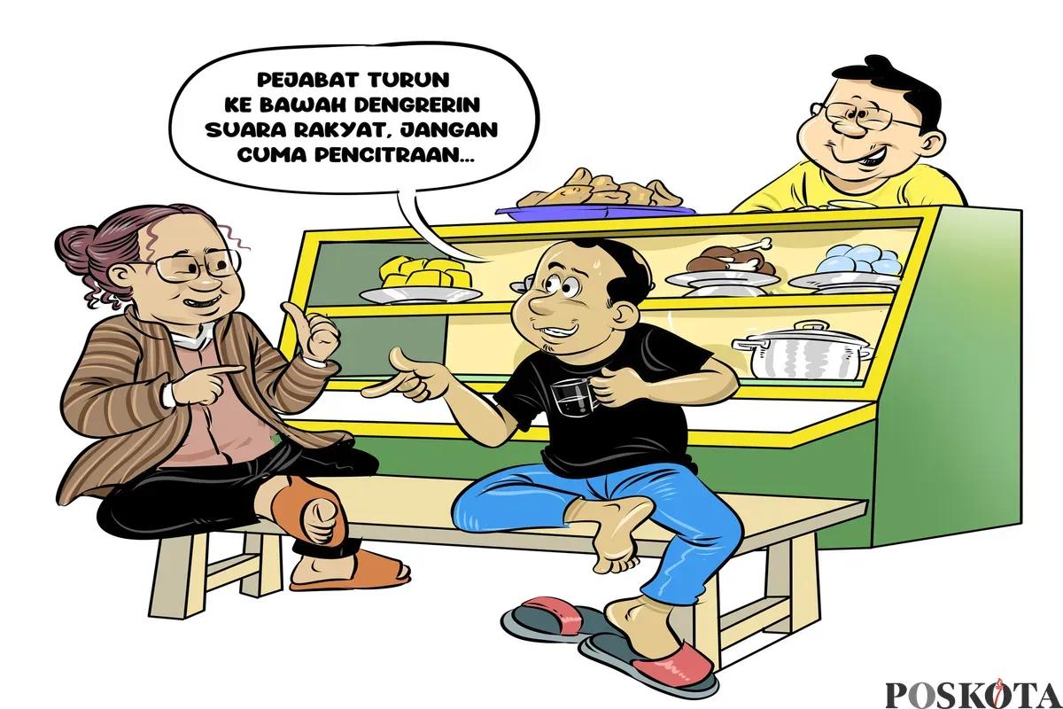 Ilustrasi obrolan sahabat di warteg yang menyoroti pentingnya pejabat turun langsung ke lapangan mendengar suara rakyat, bukan sekadar pencitraan. (Sumber: Poskota/Arif Setiadi)