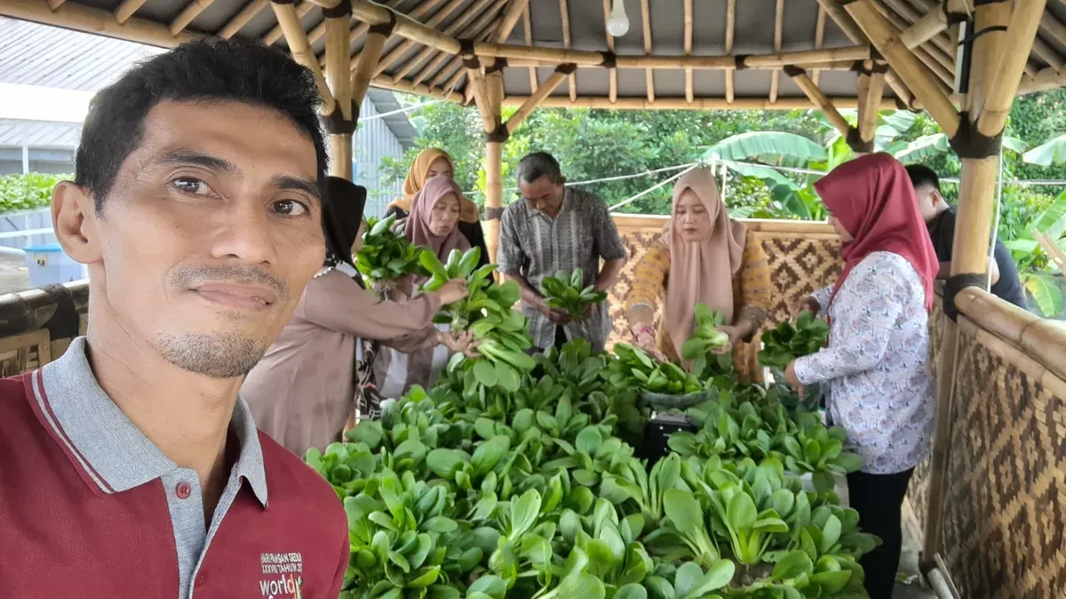 Abdul Rosid, 42 tahun, menunjukkan hasil panen ubi jalar dari budidaya di lahan terbatas miliknya di Pondok Melati, Kota Bekasi. Metode urban farming ini menjadi inovasi pertanian perkotaan di tengah minimnya lahan. (Sumber: Istimewa)