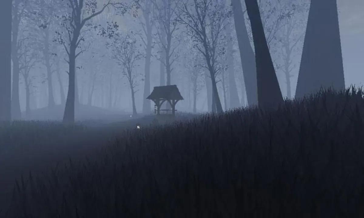 Suasana mencekam di puncak gunung dalam salah satu map horor Roblox 2025, dengan kabut tebal dan cahaya senter yang redup menambah ketegangan. (Sumber: Pinterest)