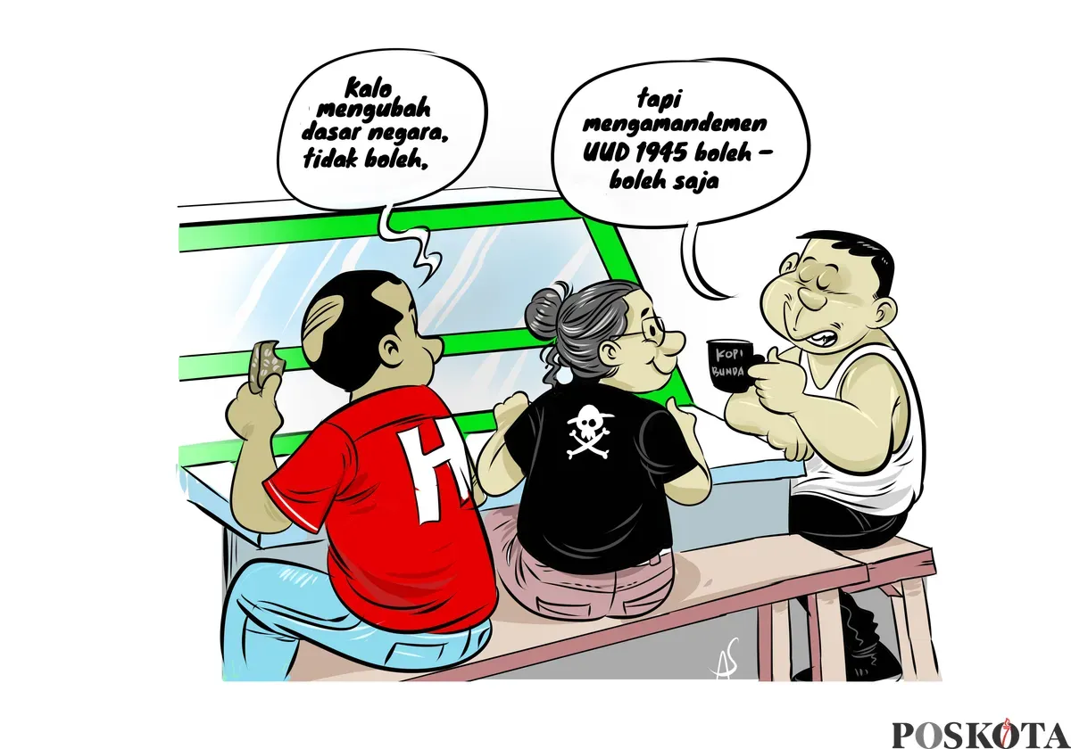 Ilustrasi obrolan warteg menggambarkan diskusi tentang konstitusi, menegaskan bahwa dasar negara tidak boleh diubah, namun amandemen UUD 1945 tetap dimungkinkan. (Sumber: Poskota/Arif Setiadi)