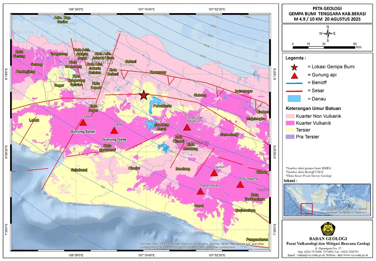 Gempa yang mengguncang wilayah Kabupaten Bekasi, pada Rabu malam, 20 Agustus 2025, dipicu aktivitas sesar Baribis. (Sumber: Dok Badan Geologi)