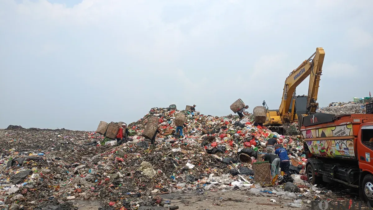 Sejumlah pekerja memilah sampah di kawasan TPAS Galuga, Kabupaten Bogor. Pemkab Bogor berencana menghapus sistem open dumping di lokasi tersebut dan menutup lahan dengan bronjong serta terasering. (Sumber: Poskota/Giffar Rivana)