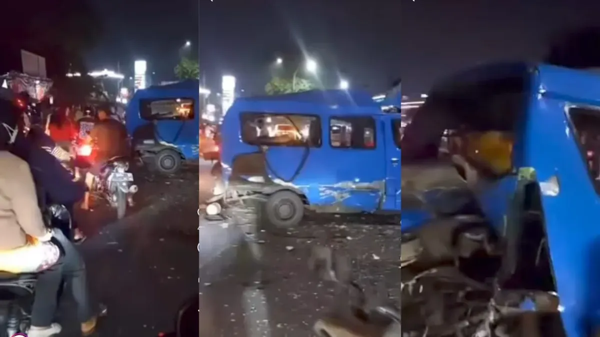 Kondisi angkot berbahan bakar gas (BBG) yang meledak di Jalan Mayor Oking, Citeureup, Bogor. Bagian belakang kendaraan tampak ringsek dan kaca pecah setelah insiden pada Minggu, 24 Agustus 2025, malam. (Sumber: Instagram/@cibinongviral)