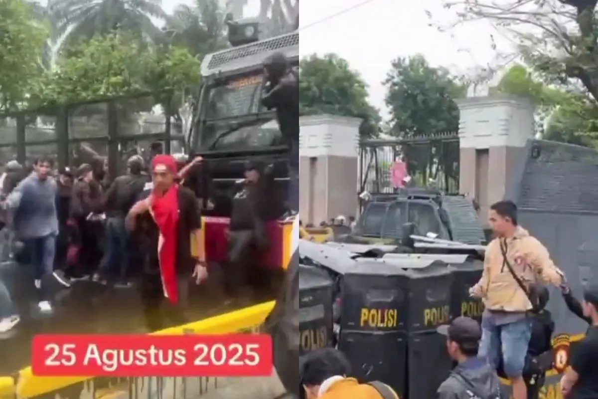 Aksi unjuk rasa di depan gedung DPR RI ricuh, aparat semprot demonstran dengan water cannon. (Sumber: X)