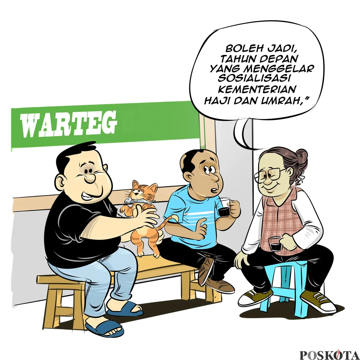 Obrolan santai di warteg membahas rencana pembentukan Kementerian Haji dan Umrah yang akan menggantikan peran BPH, termasuk persiapan penyelenggaraan ibadah haji pasca Lebaran. (Sumber: Poskota/Arif Setiadi)
