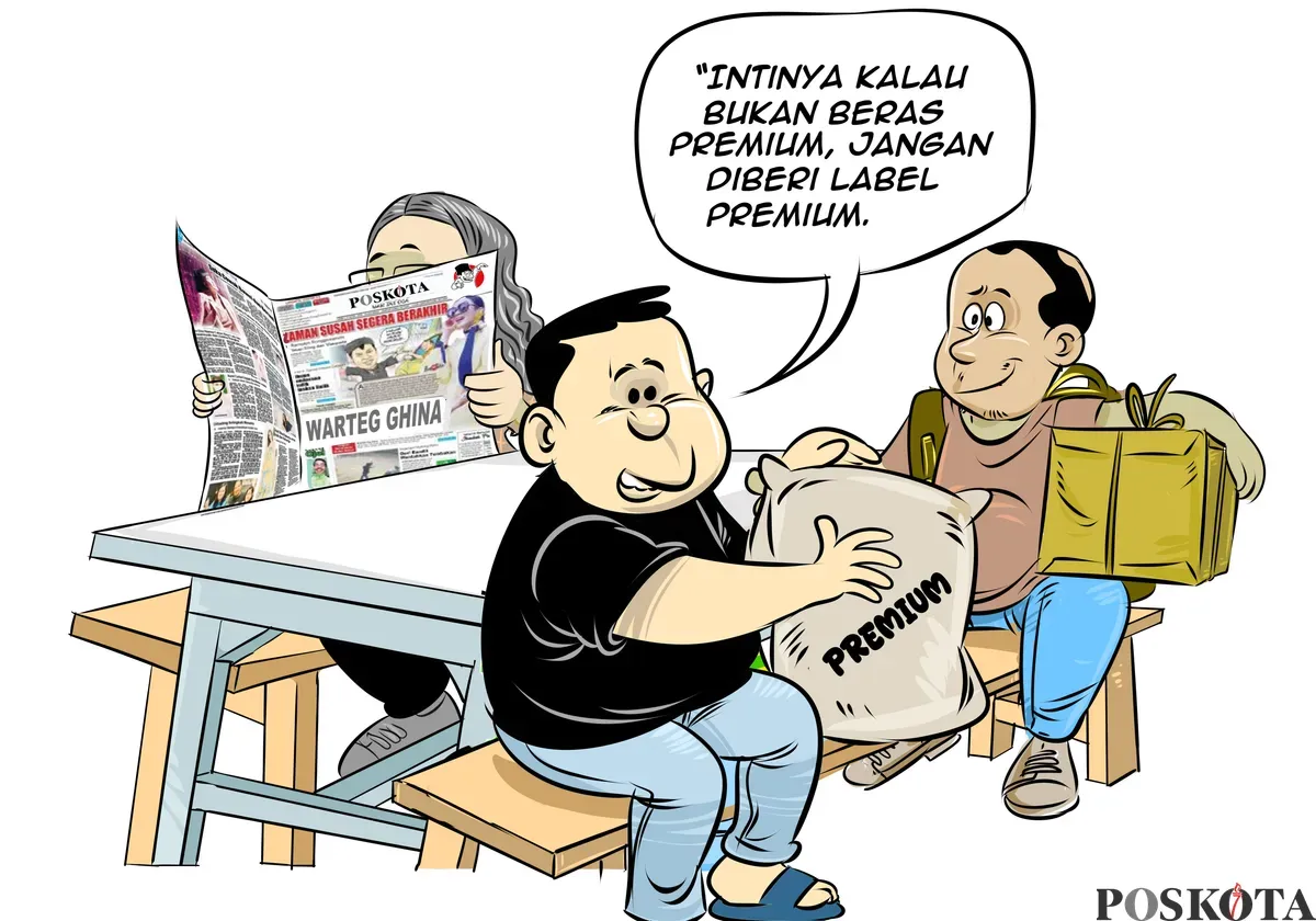 Ilustrasi obrolan warteg soal beras berlabel premium. Konsumen diingatkan agar produsen tidak asal memberi label premium pada beras yang kualitasnya tidak sesuai standar. (Sumber: Poskota/Arif Setiadi)