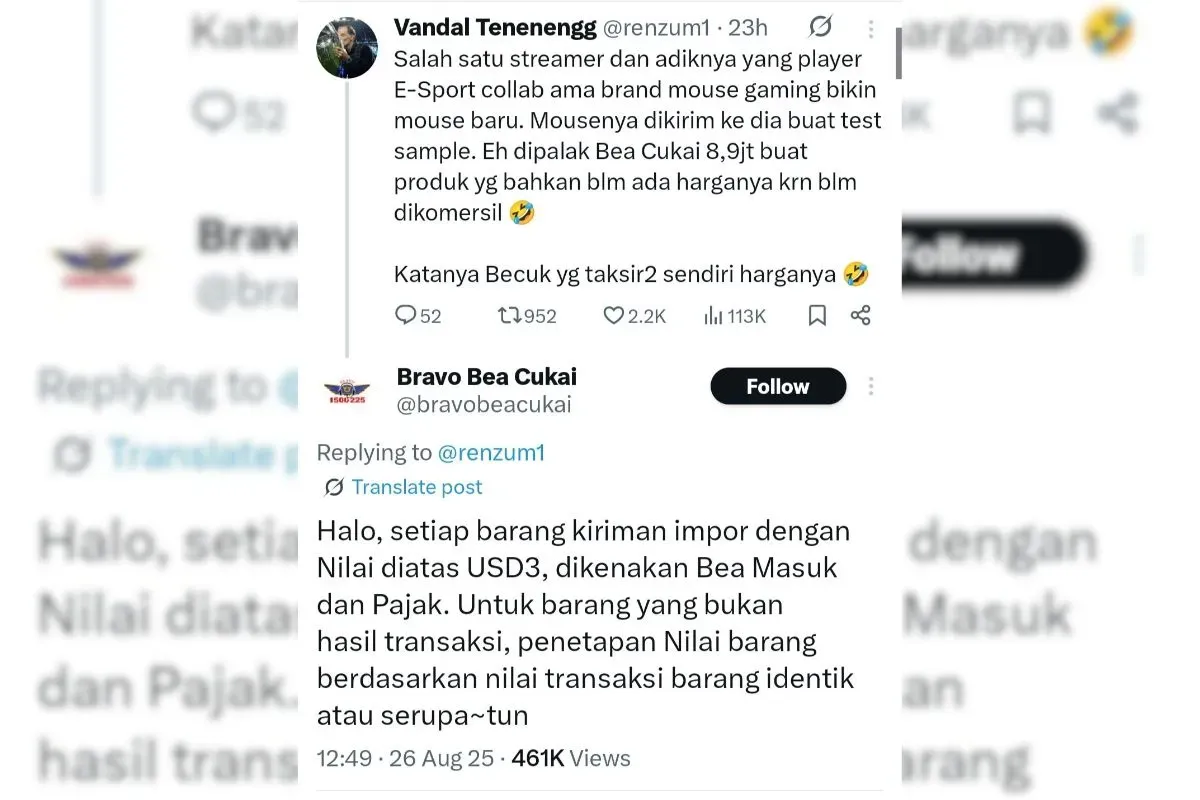 Bea Cukai kembali dikritik warganet imbas tagihan Rp8,9 juta untuk sampel mouse gaming (Sumber: X/@ARSIPAJA)