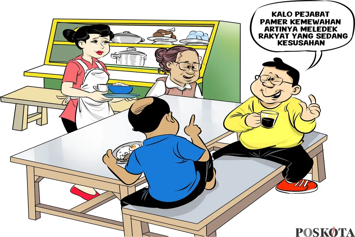 Ilustrasi obrolan warteg: Warga menyoroti pejabat publik yang gemar pamer kemewahan, dinilai bisa menyakiti hati rakyat yang sedang kesusahan. (Sumber: Poskota/Arif Setiadi)
