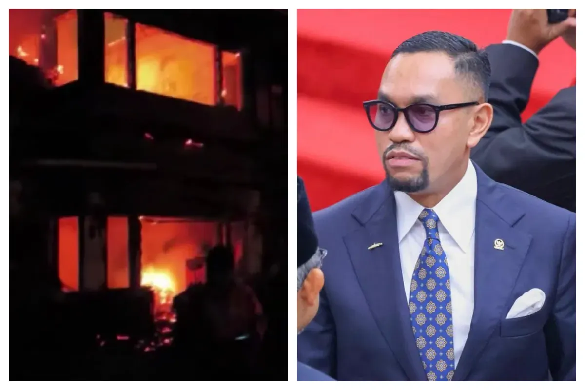 Media sosial tengah dihebohkan oleh beredarnya video viral yang disebut-sebut rumah milik anggota DPR RI, Ahmad Sahroni dibakar massa. (Sumber: X/@Zer0failed dan @ahmadsahroni88)