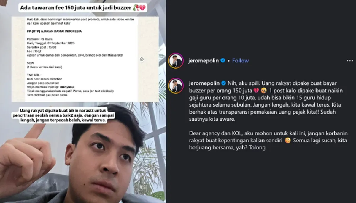 Jerome Polin membongkar tawaran jadi buzzer kampanye 'Damai Indonesia' dengan bayaran Rp150 juta. Ia ungkap bukti chat dan desak transparansi dana publik yang diduga untuk pencitraan. (Sumber: Instagram/@jeromepolin)