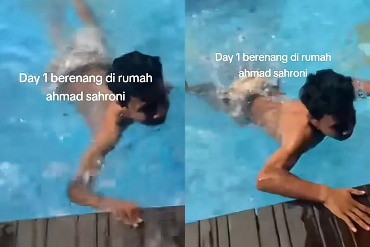 Momen seorang remaja asyik berenang di rumah Ahmad Sahroni yang tengah dijarah massa. (Sumber: TikTok/@patrickismynamee)