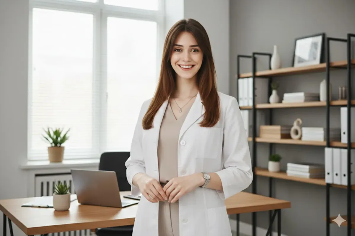 Hasil prompt Gemini AI foto cewek jadi dokter cantik dan elegan (Sumber: Freepik/cookie-studio)