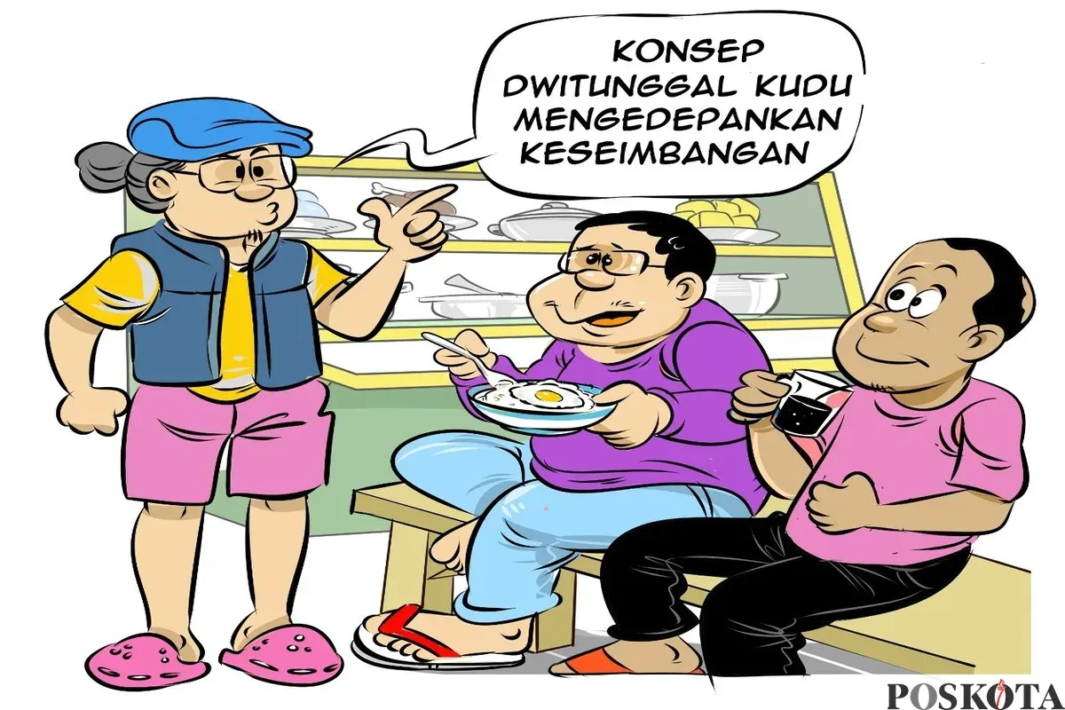 Ilustrasi obrolan tiga sahabat di warteg yang membahas pentingnya keseimbangan dalam konsep dwitunggal. (Sumber: Poskota/Arif Setiadi)