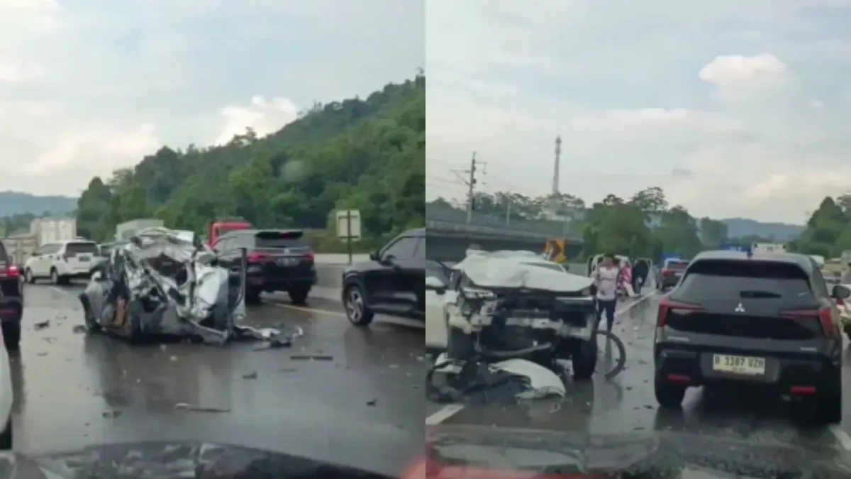 Mobil terlihat ringsek seusai kecelakaan di KM 112 Tol Purbaleunyi arah Jakarta, Selasa, 2 Desember 2025. (Sumber: X/@sigittony4)