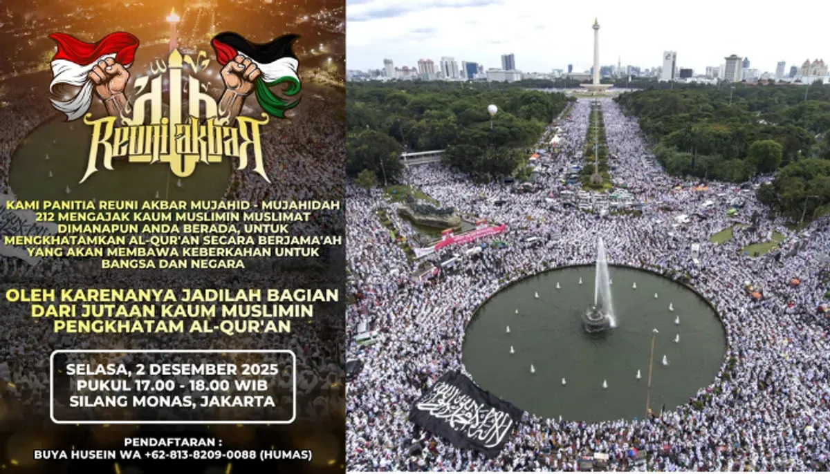 Reuni 212 digelar di Monas mulai sore ini, Selasa, 2 Desember 2025. Cek jadwal lengkap acara. (Sumber: X/@creepylogy_)