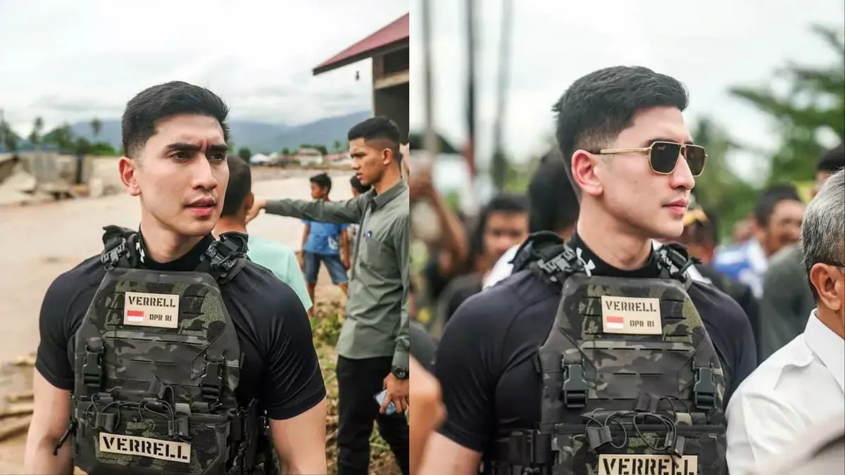 Penampilan Verrell Bramasta saat berada di lokasi banjir bandang Sumatera Barat dengan rompi taktis memicu diskusi publik di media sosial. (Sumber: Instagram/@bramastavrl)