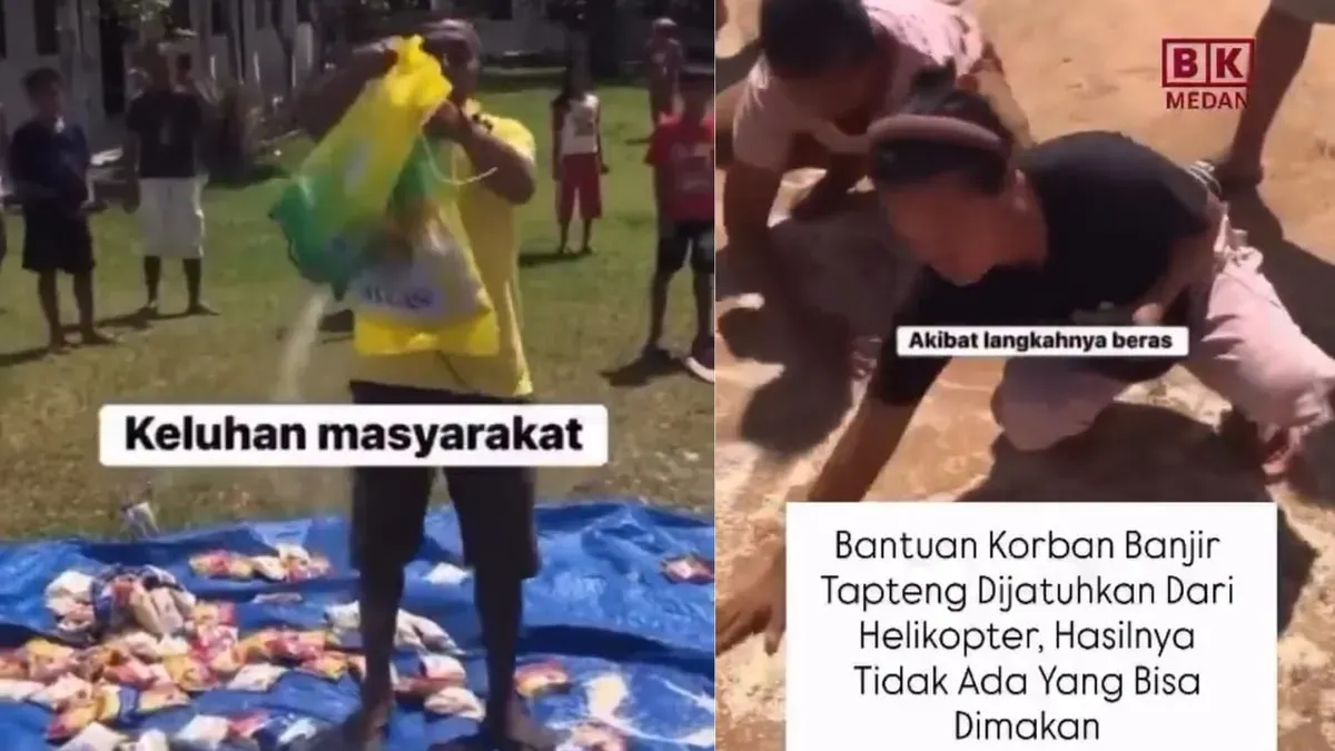 Cuplikan video viral warga memunguti beras dan bantuan logistik yang rusak setelah paket airdrop dijatuhkan dari helikopter. Sejumlah karung beras terlihat sobek dan isinya berserakan di tanah. (Sumber: X/@abu_waras)