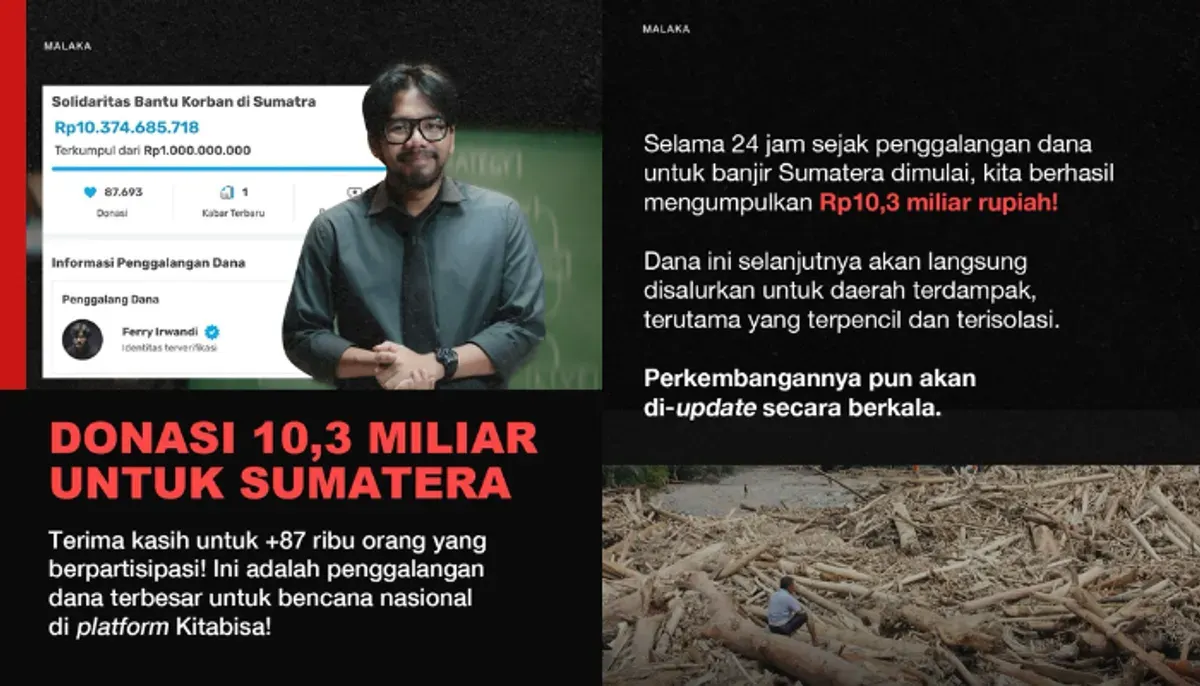 Galang dana oleh Ferry Irwandi untuk korban banjir Sumatra capai Rp10,3 miliar dari 87 ribu donatur dalam 24 jam. (Sumber: Instagram/@irwandiferry)