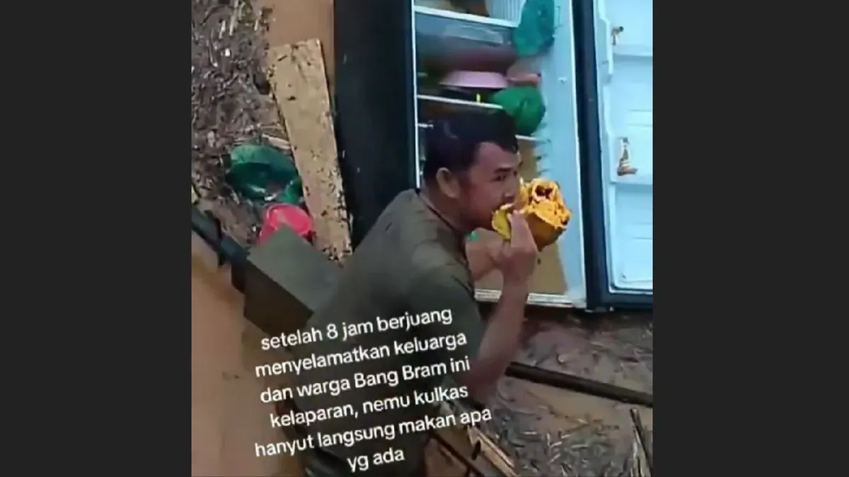 Petugas kelaparan buka kulkas hanyut di tengah banjir (Sumber: X/@sharpandshark)