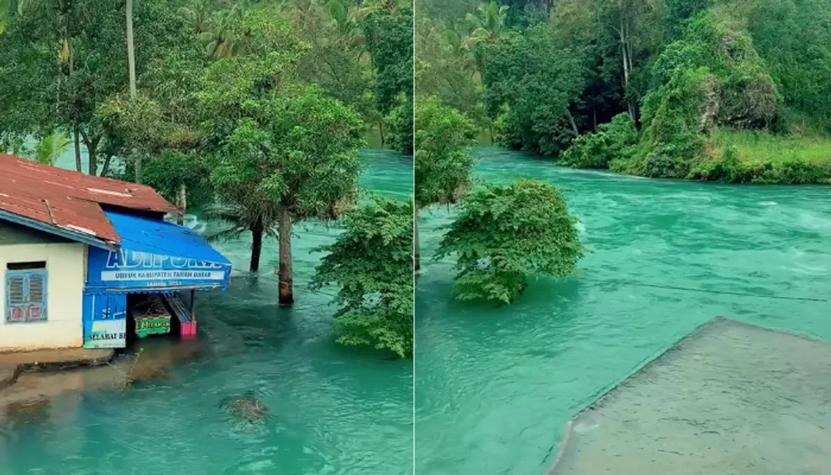 Pasca banjir Sumatra 2025, Sungai Ombilin di Sumbar mendadak jernih berwarna biru kehijauan mirip di Swiss. (Sumber: TikTok/@furqannnn09)