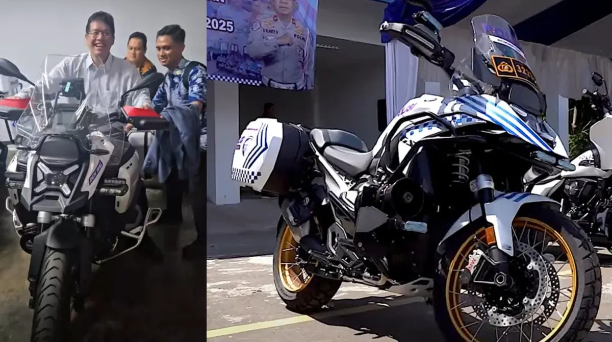 Menkeu Purbaya Yudhi Sadewa mencoba motor patroli pengawalan (Patwal), BMW R 1300 GS. (Sumber: Dok. Istimewa)