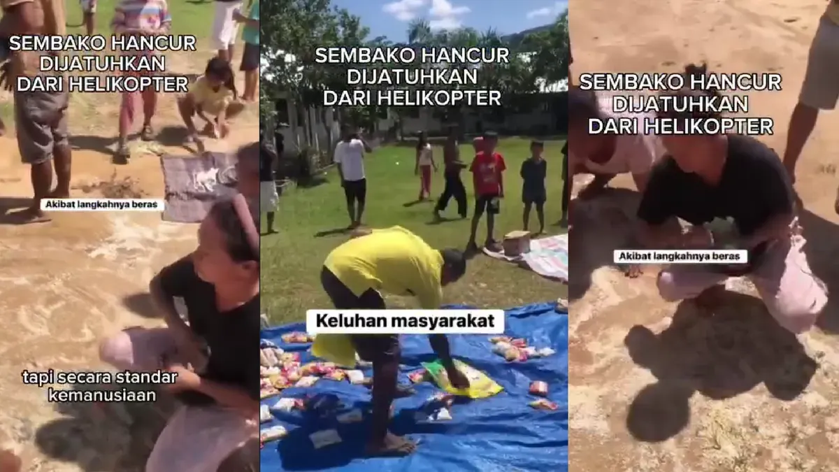 Warga mengevakuasi bantuan sembako yang dijatuhkan dari helikopter pascabencana banjir di Tapanuli Utara. (Sumber: Instagram/@sadampermana.w)