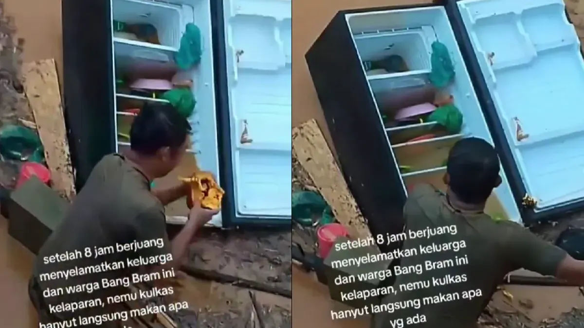 Seorang warga bernama Bram memakan makanan dari kulkas hanyut pasca banjir besar di Sumatera setelah berjam-jam membantu evakuasi warga, memantik simpati publik dan menjadi simbol ketahanan di tengah bencana. (Sumber: Instagram/@sharpandshark)