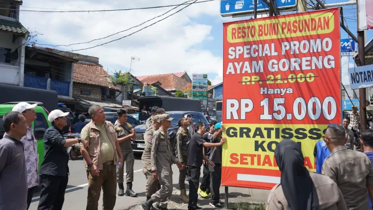 Petugas Satpol PP Kabupaten Bogor membongkar reklame tak berizin di kawasan Puncak. (Sumber: Dok. Satpol PP Bogor)