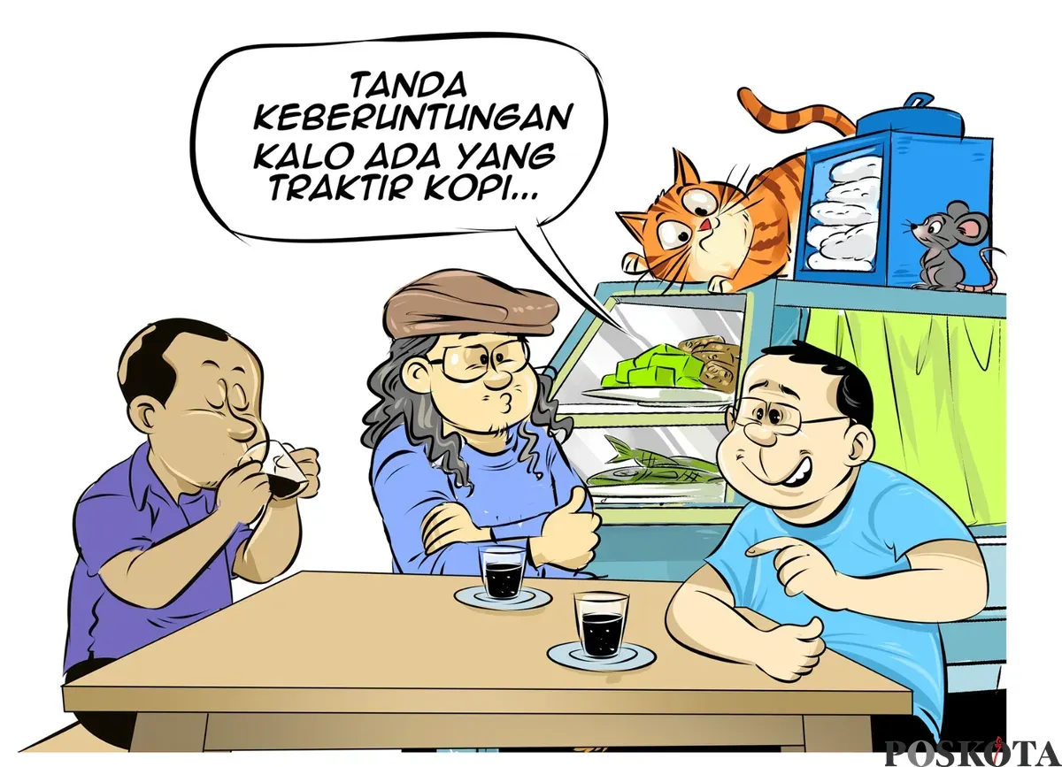 Tiga sahabat, Bung Heri, Mas Bro, dan Bang Yudi, berbincang di warteg tentang kelahiran bayi panda Satrio Wiratama dan makna simbol keberuntungan serta persahabatan antara Indonesia dan China. (Sumber: Poskota/Arif Setiadi)