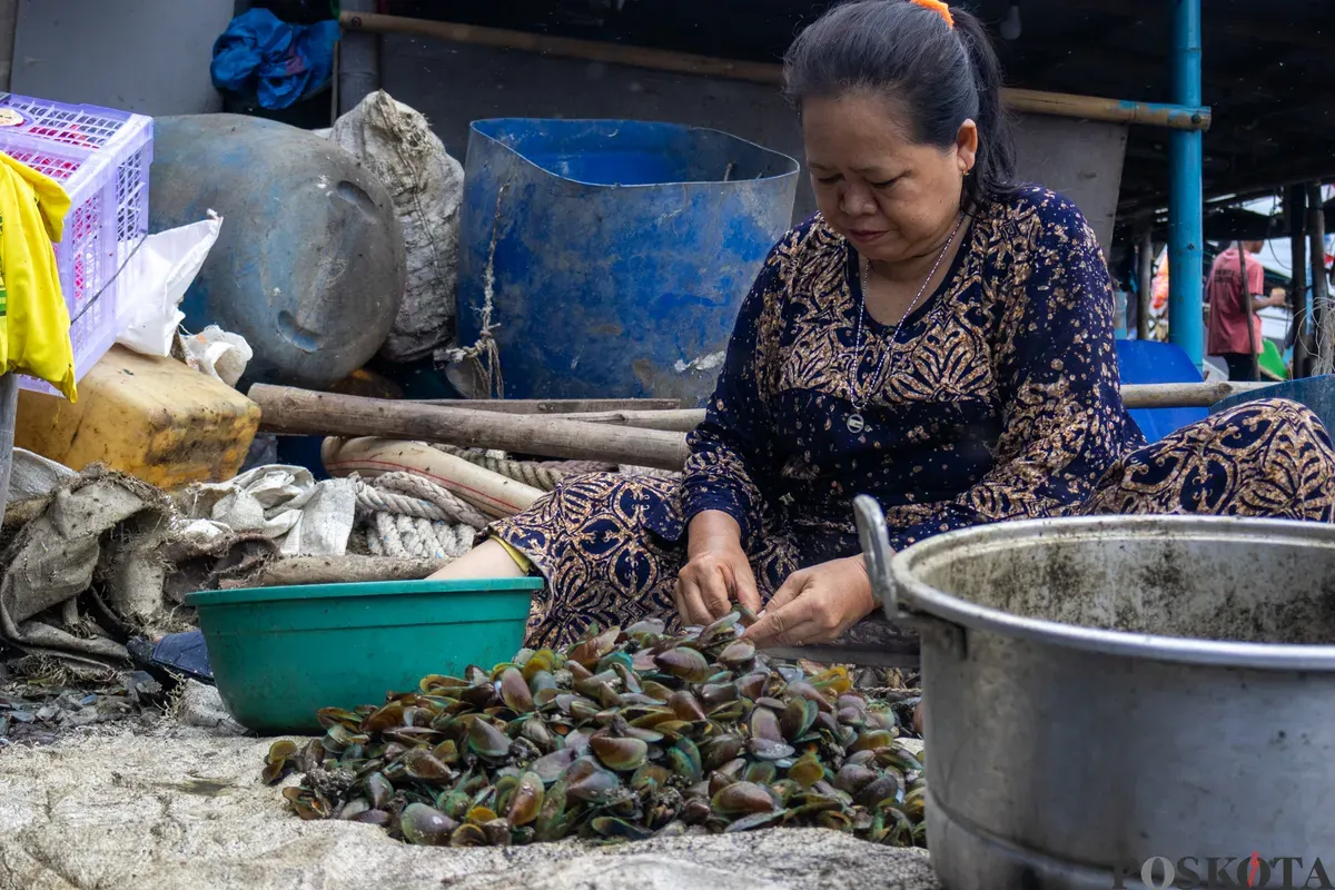 Pekerja mengupas kerang hijau di Muara Angke, Jakarta Utara, Rabu, 3  Desember 2025. (Sumber: Magang Poskota/Dhiya Ahmad Fauzan)