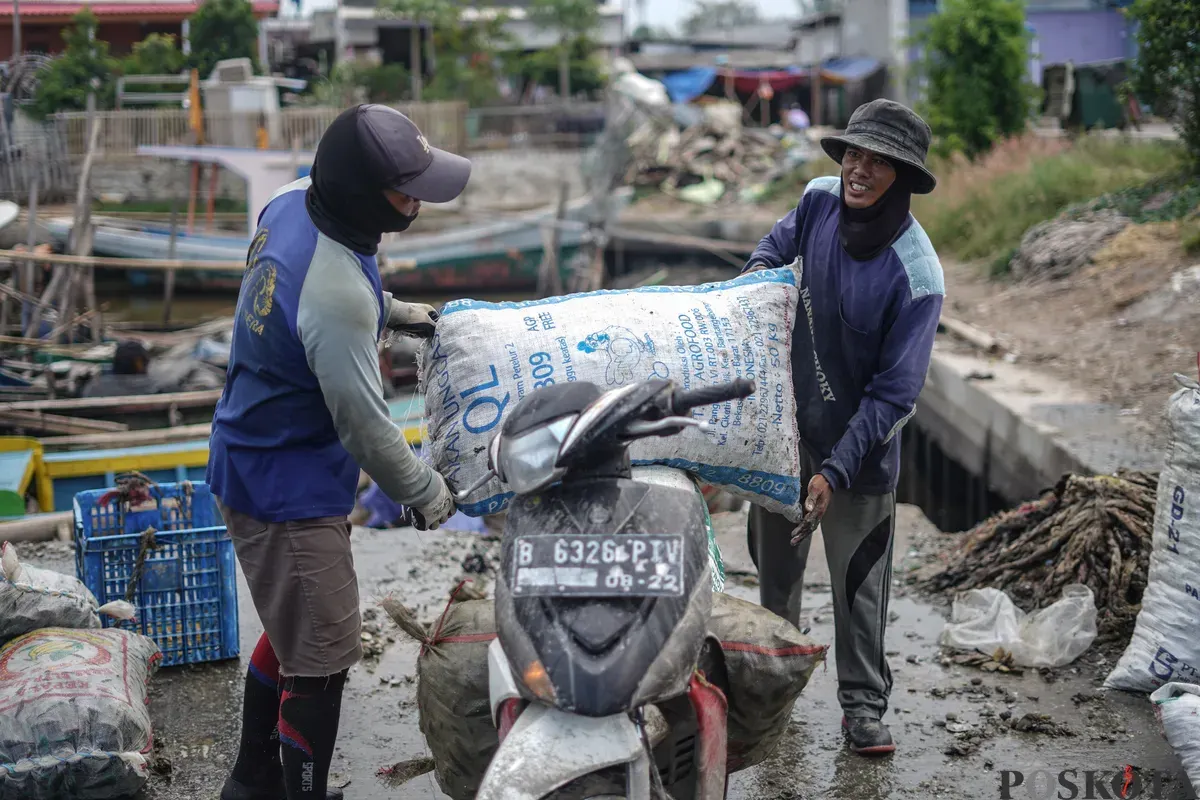Sejumlah nelayan mengupas kerang hijau di pesisir laut Cilincing, Jakarta Utara, Rabu, 3 Desember 2025. (Sumber: Poskota/Bilal Nugraha Ginanjar)