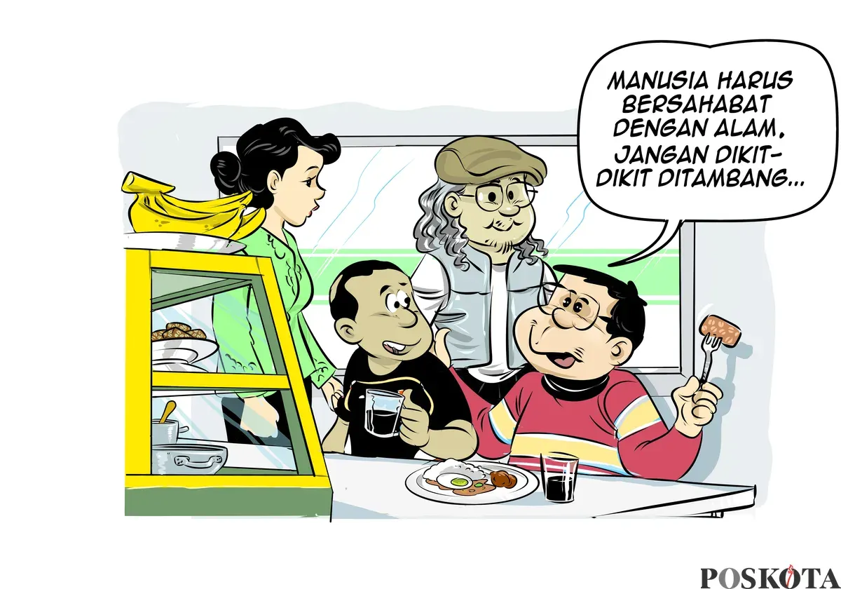 Ilustrasi obrolan di sebuah warteg, saat tiga sahabat membahas pentingnya menjaga lingkungan dan tidak serampangan mengeksploitasi alam. (Sumber: Poskota/Arif Setiadi)