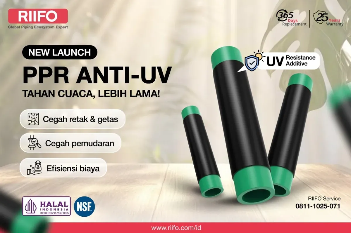 Produk Pipa PPR Anti-UV dari RIIFO yang dilengkapi aditif tahan sinar ultraviolet, dirancang untuk mencegah retak, pemudaran, dan meningkatkan efisiensi biaya pada instalasi saluran air luar ruangan. (Sumber: Istimewa)