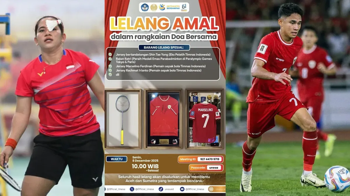 Jersey Marselino Ferdinand Sampai Raket Leani Ratri Ikut Dilelang. (Sumber: Instagram/@official_unesa)