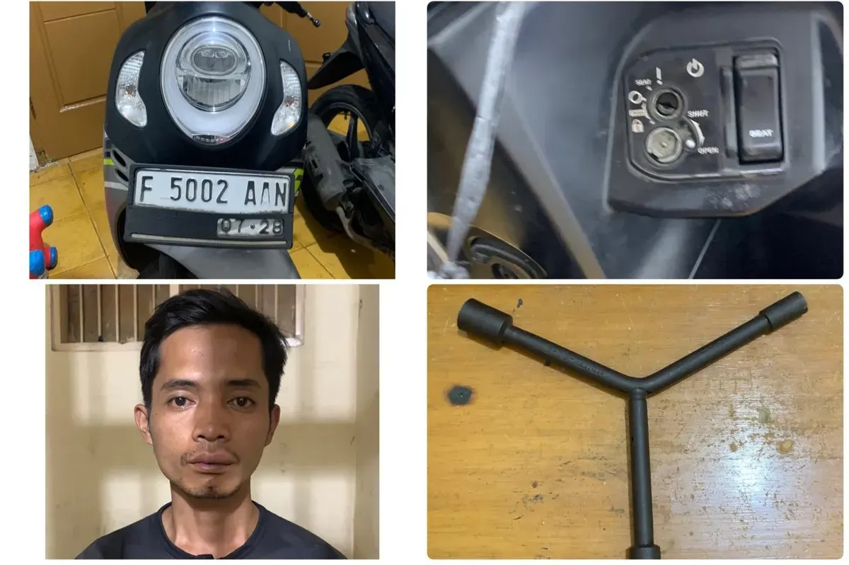 Barang bukti dan tampang pelaku pencuri sepeda motor di Dramaga, Kabupaten Bogor. (Sumber: Polsek Dramaga)