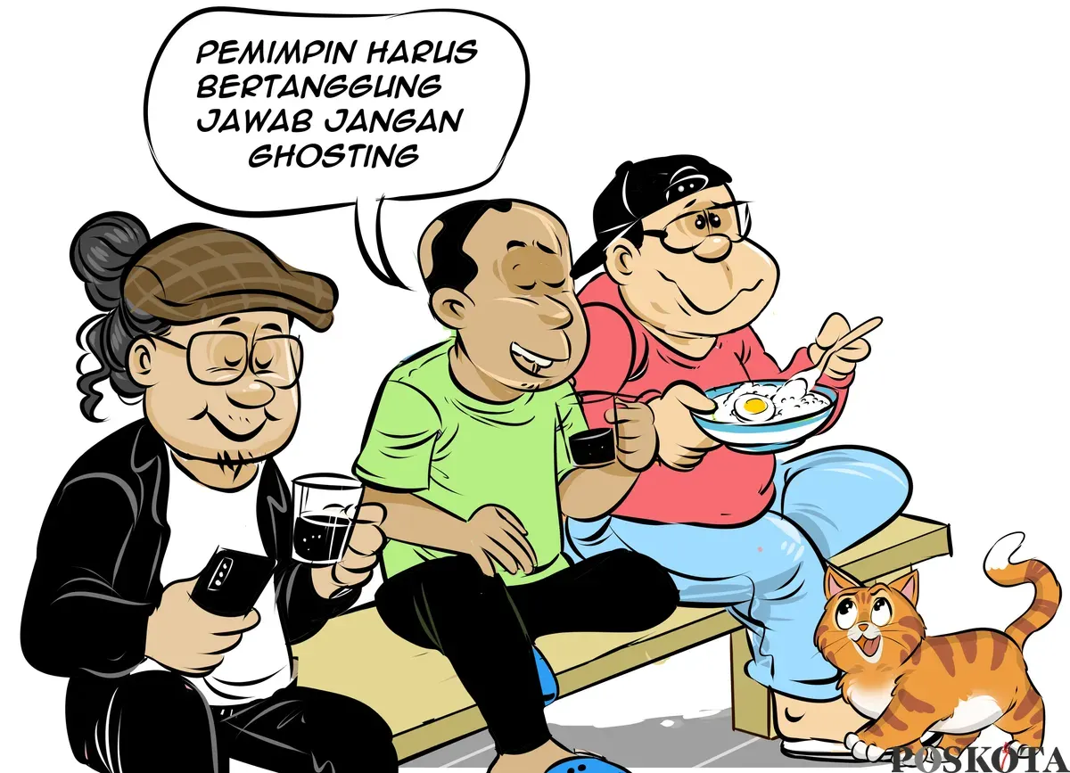 Suasana obrolan santai tiga sahabat yang menggambarkan diskusi publik mengenai polemik kepergian kepala daerah saat wilayahnya masih dalam masa tanggap bencana. (Sumber: Poskota/Arif Setiadi)