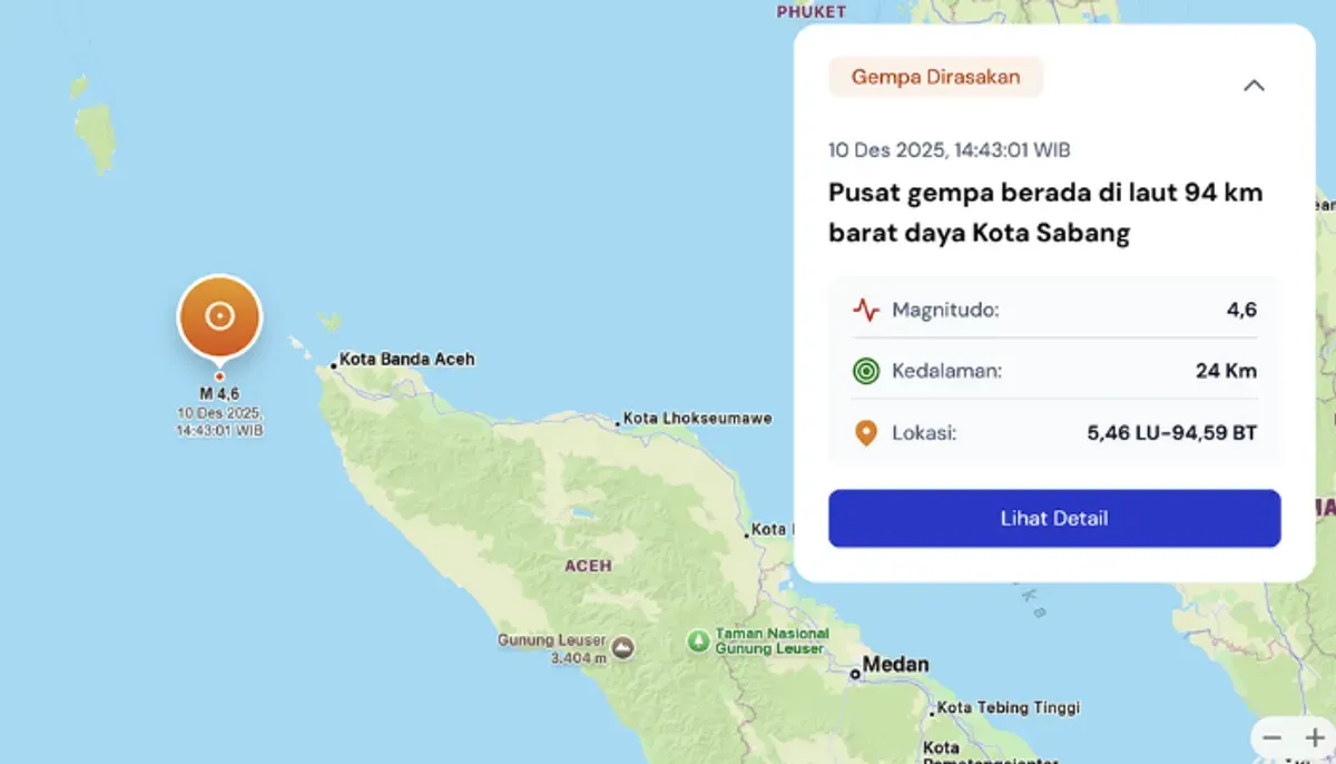 Gempa terkini 4,6 M guncang Sabang Aceh, 10 Desember 2025 pukul 14:43 WIB. (Sumber: bmkg.go.id)