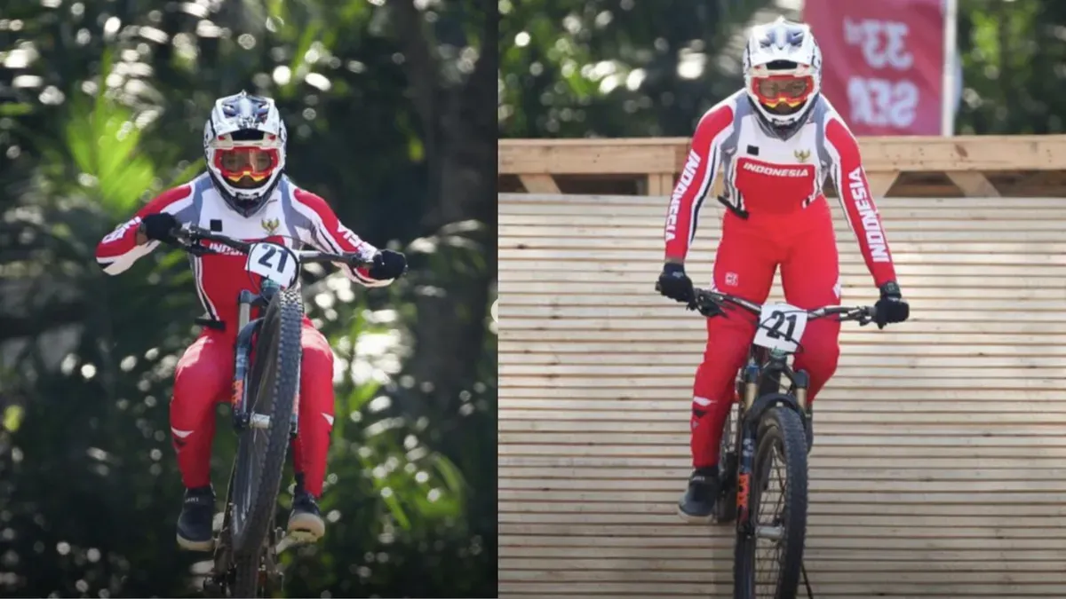 Rendy Varera melaju di lintasan MTB Downhill SEA Games 2025, Khao Kheow Open Zoo, Thailand momen saat ia mencatatkan personal best dan mempersembahkan medali perak bagi Indonesia. (Sumber: Dok/NOC Indonesia)