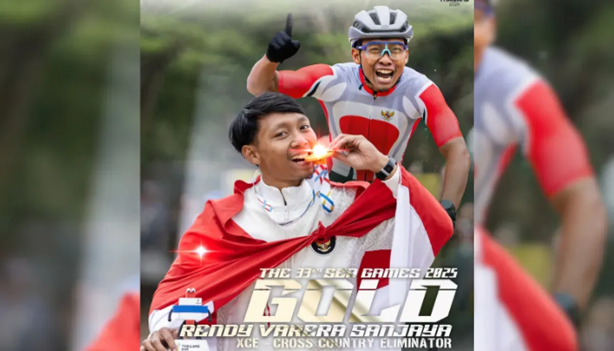 Perolehan medali emas Indonesia ke-8 di Sea Games 2025 oleh Rendy Sanjaya cabor MTB. (Sumber: Instagram/@icf_cycling)