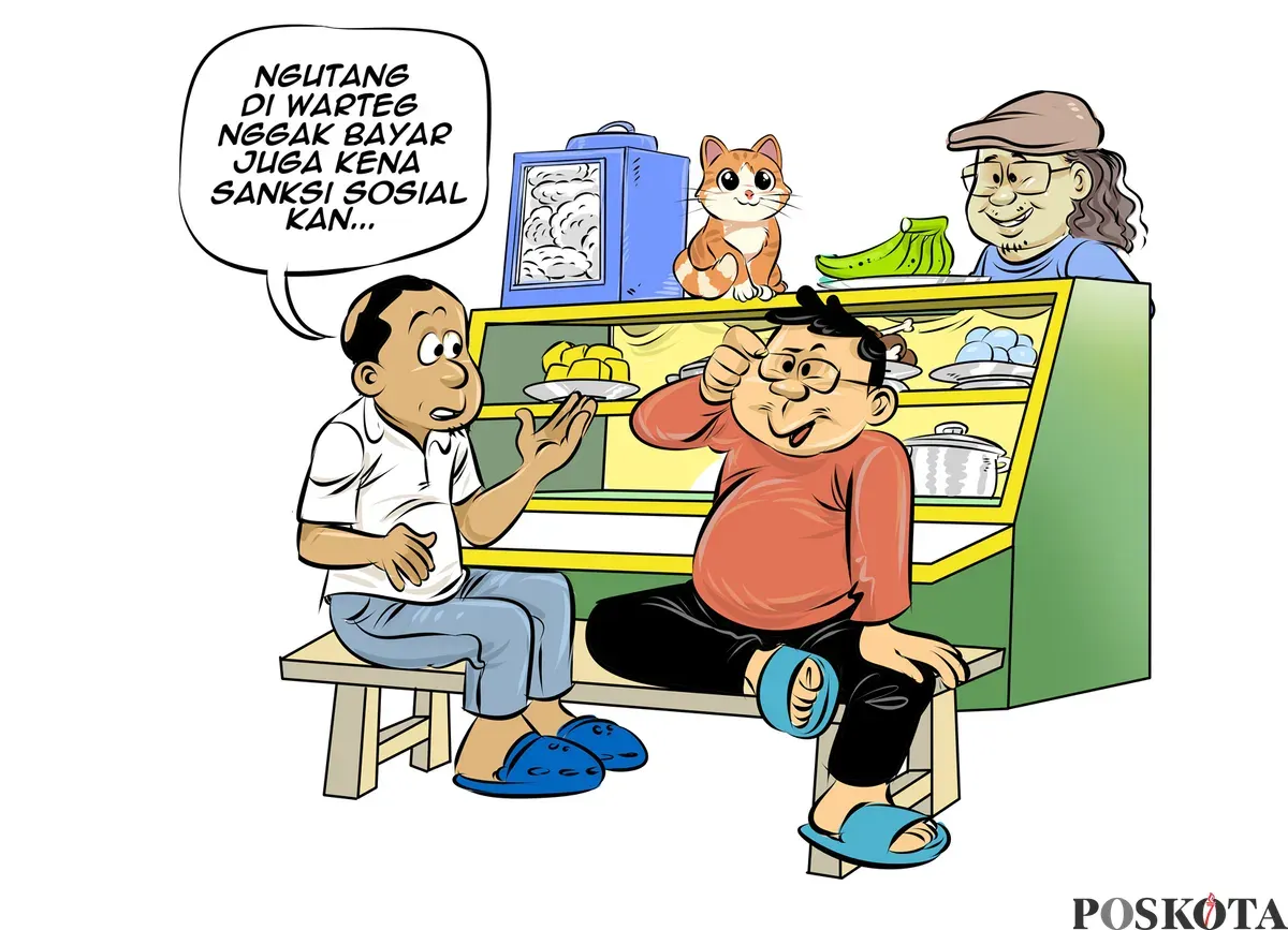 Ilustrasi obrolan di tempat makan menyoroti penerapan sanksi sosial, digambarkan lewat tiga sahabat yang berdiskusi soal kewajiban membayar utang di warteg. (Sumber: Poskota/Arif Setiadi)