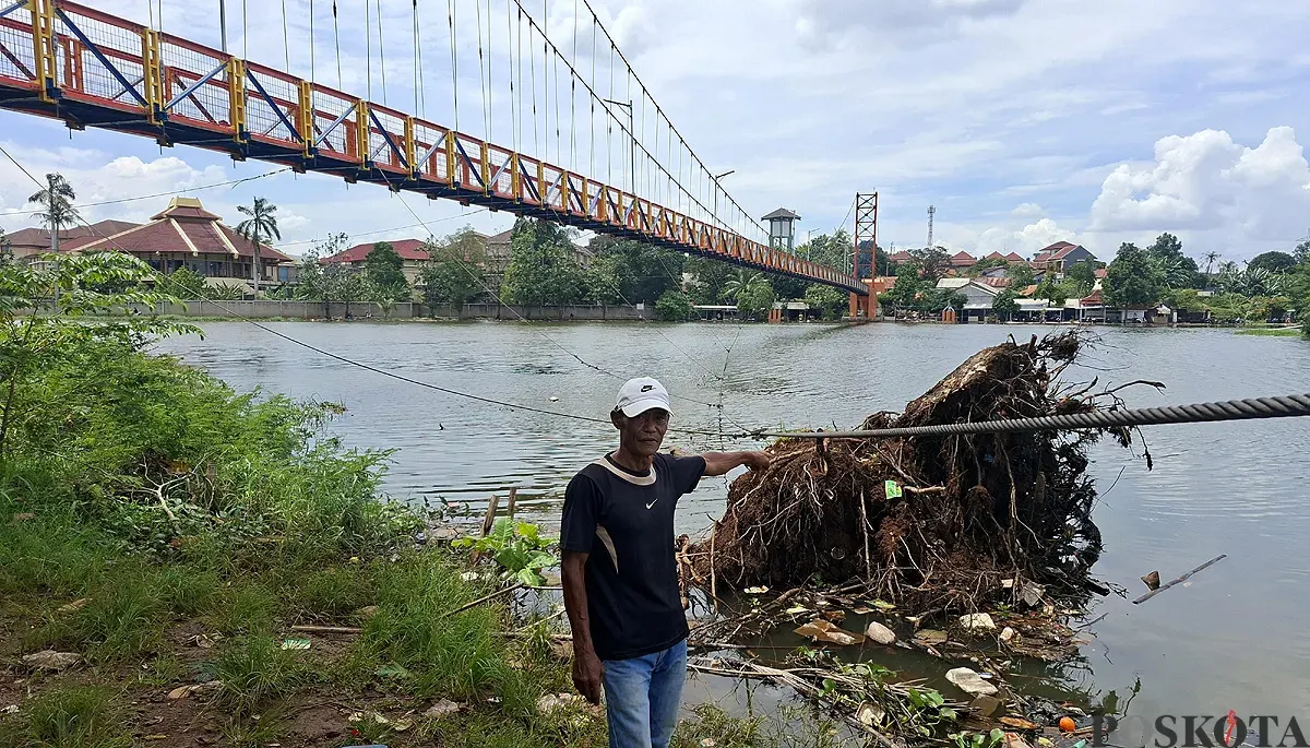 Salah seorang warga, Napong menunjukan pohon rengas yang tumpang dan menimpa kabel baja sling jembatan Setu Tujuh Muara Bojongsari, Kota Depok, Sabtu, 13 Desember 2025. (Sumber: POSKOTA | Foto: Angga Pahlevi)