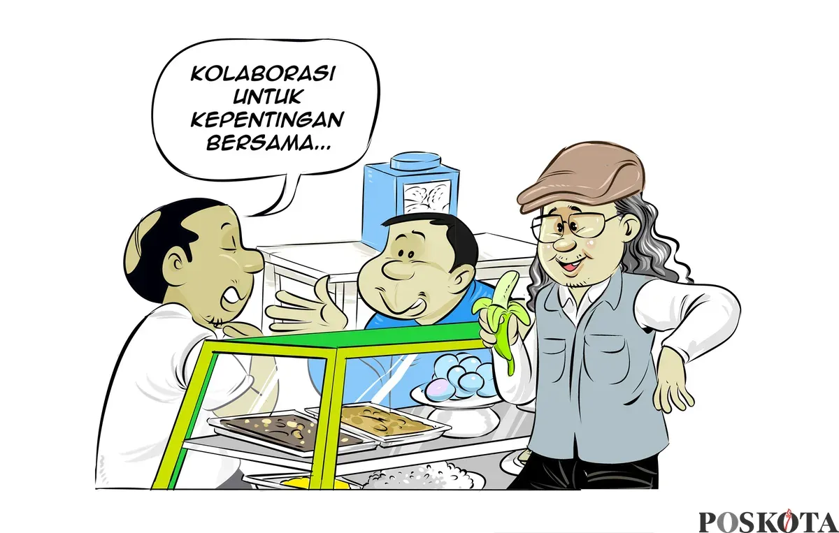 Ilustrasi obrolan tiga sahabat di warteg yang menggambarkan diskusi santai namun kritis tentang kolaborasi, kepentingan bersama, dan pentingnya menanggalkan ego sektoral demi tujuan bersama. (Sumber: Poskota/Arif Setiadi)
