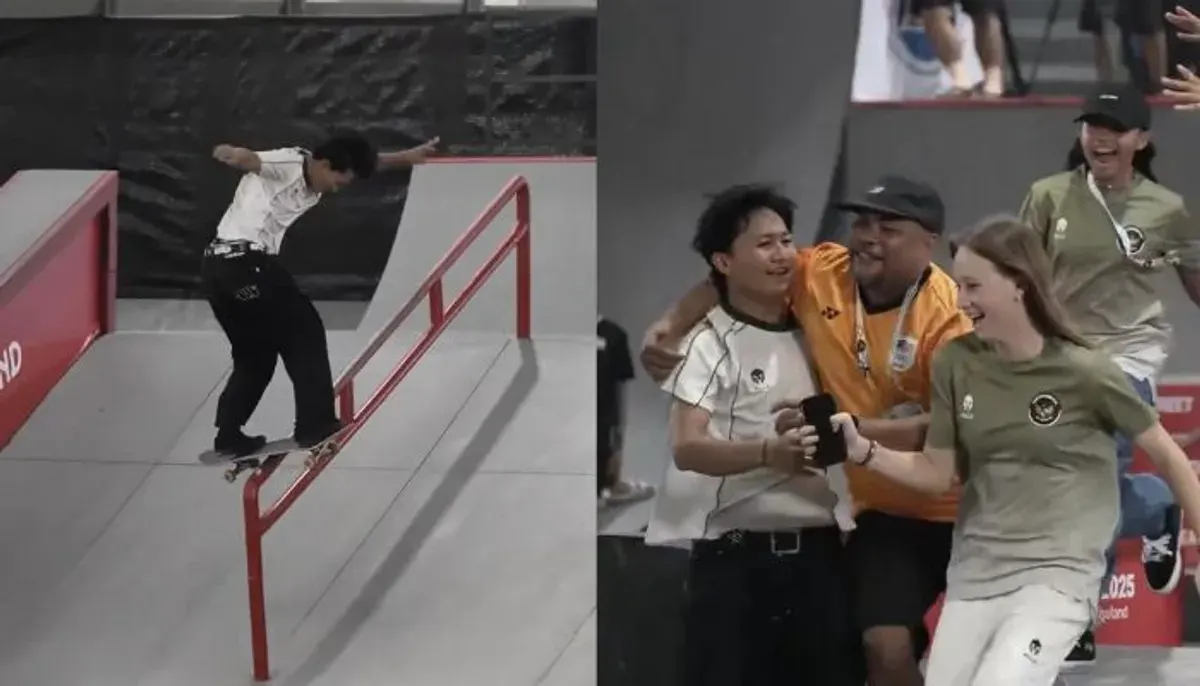 Momen selebrasi skateboard Indonesia di SEA Games 2025 jadi sorotan. Pelatih Malaysia Mariss Khan viral ikut merayakan kemenangan Basral Hutomo. (Sumber: X/@panca66)