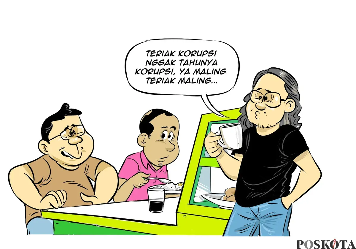 Ilustrasi obrolan warteg tiga sahabat yang menyoroti ironi sikap tokoh yang lantang mengutuk korupsi, namun justru terjerat praktik korupsi, sebagai refleksi pentingnya pengamalan nilai Pancasila dalam kehidupan nyata. (Sumber: Poskota/Arif Setiadi)