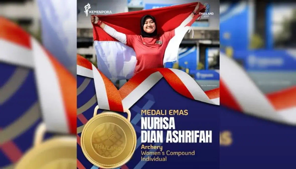 Medali emas dipersembahkan dari cabang olahraga panahan. Nurisa Dian Ashrifah meraih skor tertinggi pada partai final di nomor Women’s Compund melawan perwakilan Singapura dengan skor akhir 142-140 (Sumber: Instagram/@kemenpora)