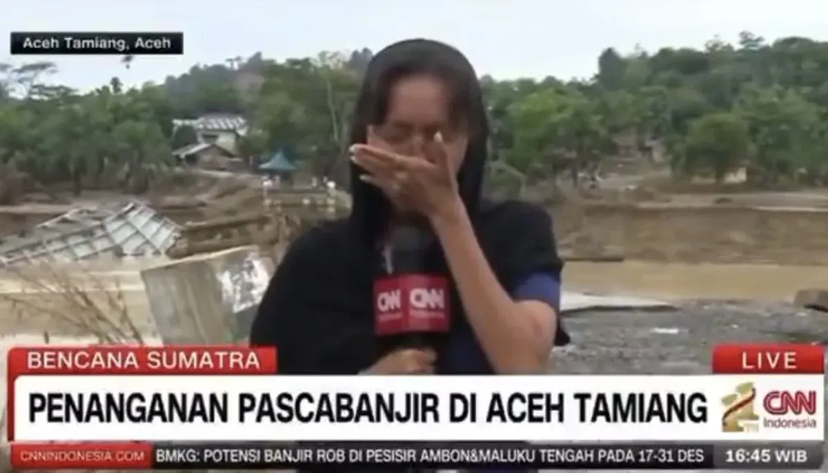 Reporter CNN Indonesia menangis ungkap realita pilu korban bencana Aceh. (Sumber: X/@WeatherMonitors)