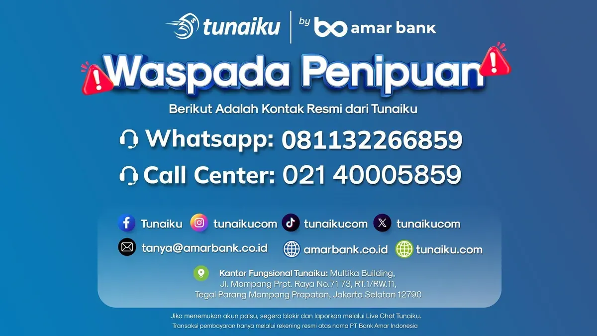 Informasi kontak resmi Tunaiku by Amar Bank yang ditampilkan sebagai imbauan waspada penipuan, meliputi layanan WhatsApp, call center, media sosial resmi, email, dan alamat kantor. (Sumber: Istimewa)