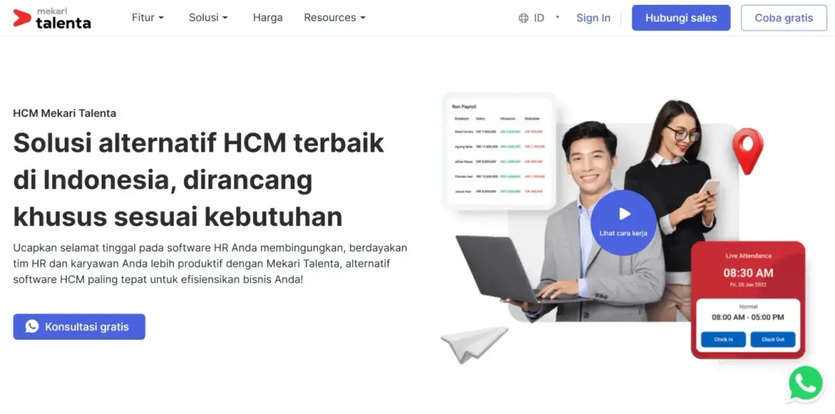 Tampilan halaman utama Mekari Talenta sebagai solusi Cloud HCM untuk pengelolaan SDM modern, mencakup payroll, absensi, dan manajemen karyawan dalam satu sistem terintegrasi. (Sumber: talenta.co)