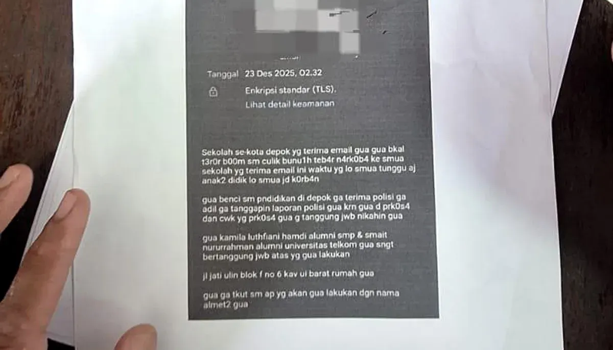 Isi pesan email yang dikirim pelaku teror bom ke sekolah-sekolah yang ada di Depok. (Sumber: Istimewa)